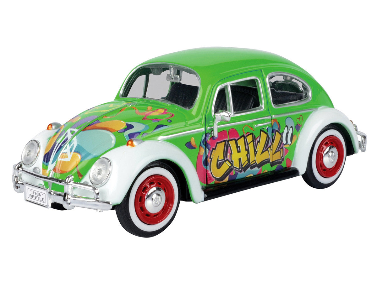 1966 Volkswagen Beetle Green with Graffiti Graphics 1/24 Diecast Model Car by Motormax LuxuryLifeWay Online Store