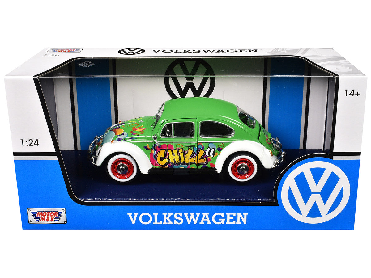 1966 Volkswagen Beetle Green with Graffiti Graphics 1/24 Diecast Model Car by Motormax LuxuryLifeWay Online Store