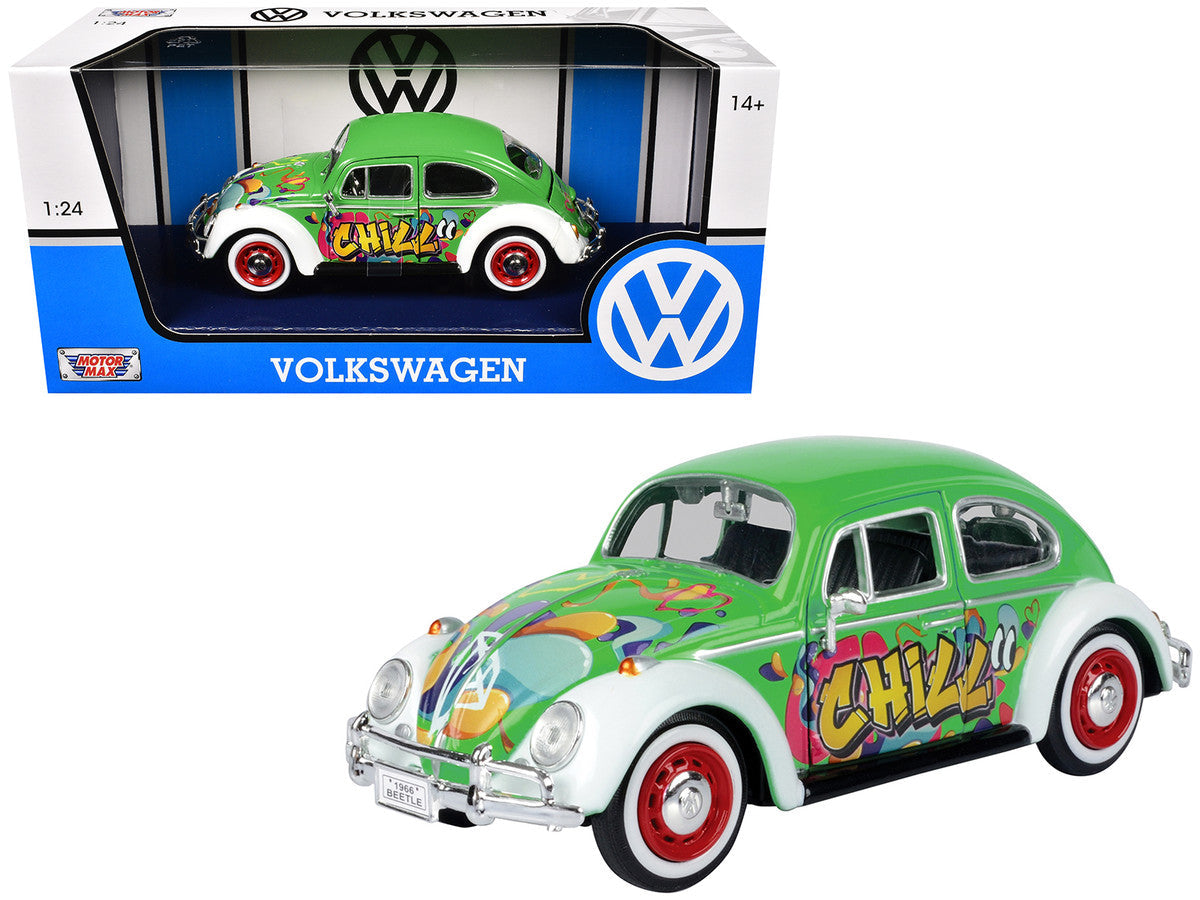 1966 Volkswagen Beetle Green with Graffiti Graphics 1/24 Diecast Model Car by Motormax LuxuryLifeWay Online Store