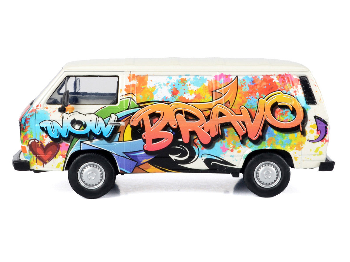 Volkswagen Type 2 (T3) Van White Metallic with Graffiti Graphics 1/24 Diecast Model Car by Motormax LuxuryLifeWay Online Store