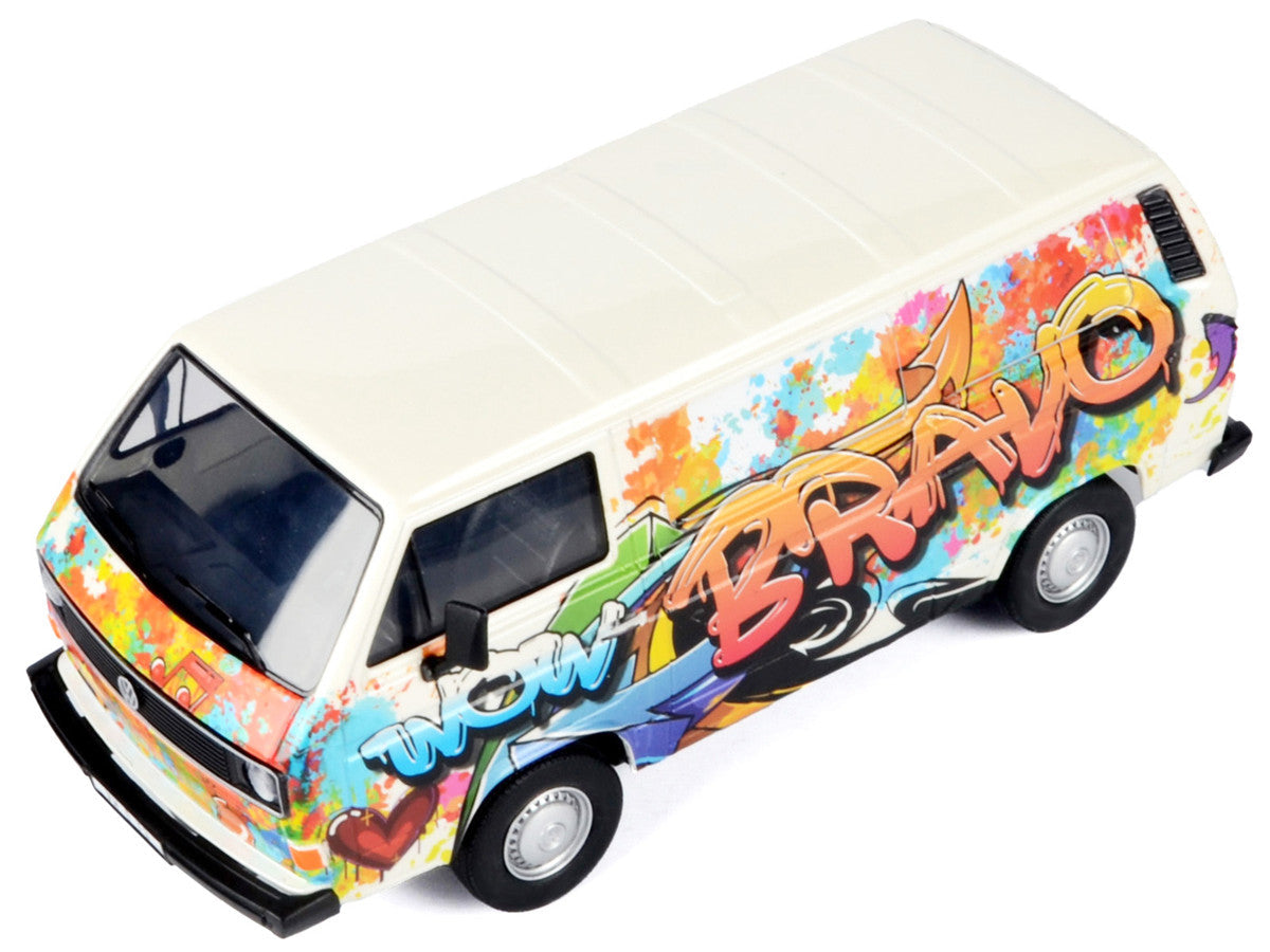Volkswagen Type 2 (T3) Van White Metallic with Graffiti Graphics 1/24 Diecast Model Car by Motormax LuxuryLifeWay Online Store