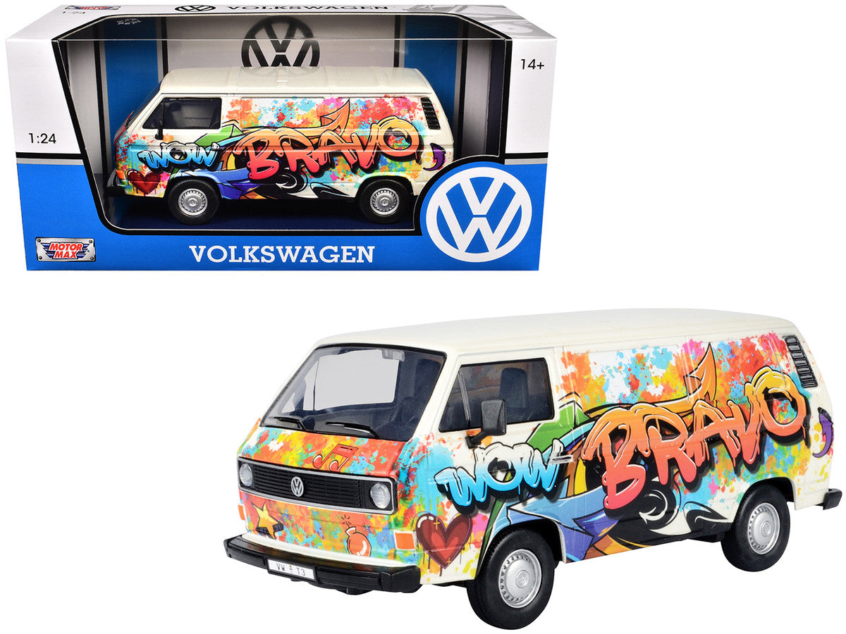 Volkswagen Type 2 (T3) Van White Metallic with Graffiti Graphics 1/24 Diecast Model Car by Motormax LuxuryLifeWay Online Store