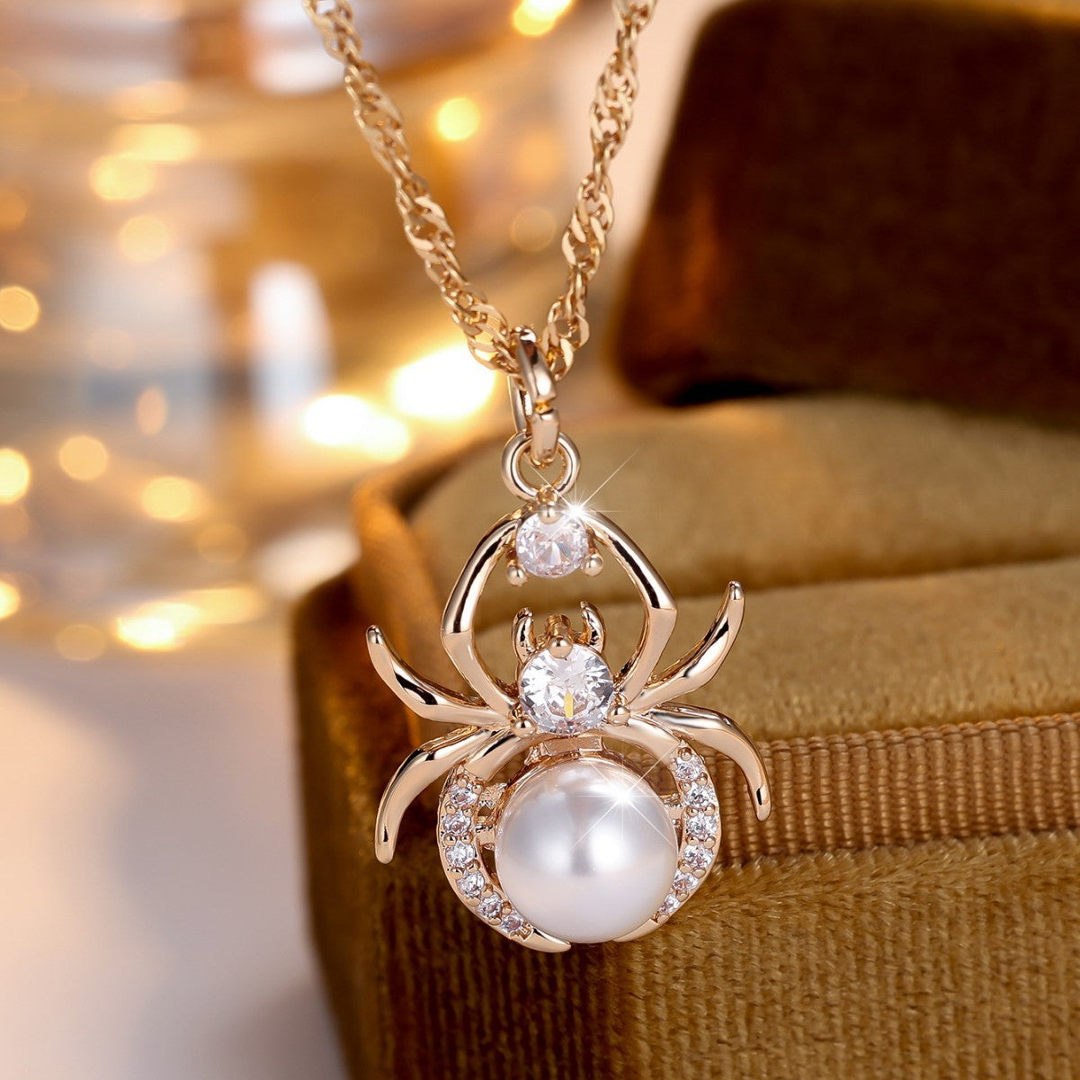 Champagne Gold Round White Diamond Pearl Spider Necklace