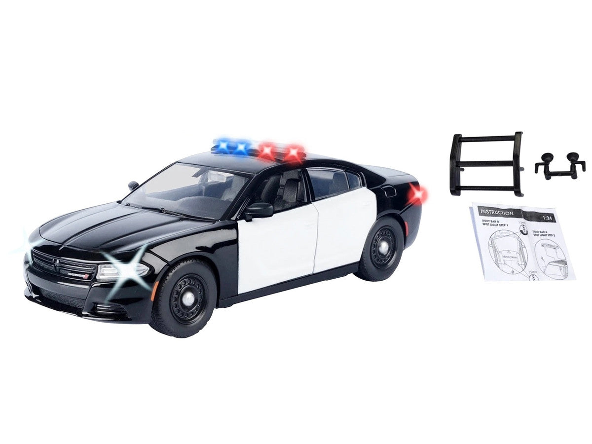 2023 Dodge Charger Pursuit Police Car Black and White with Flashing Light Bar Front and Rear Lights and 2 Sounds "Builder's Kit" 1/24 Diecast Model Car by Motormax LuxuryLifeWay Online Store