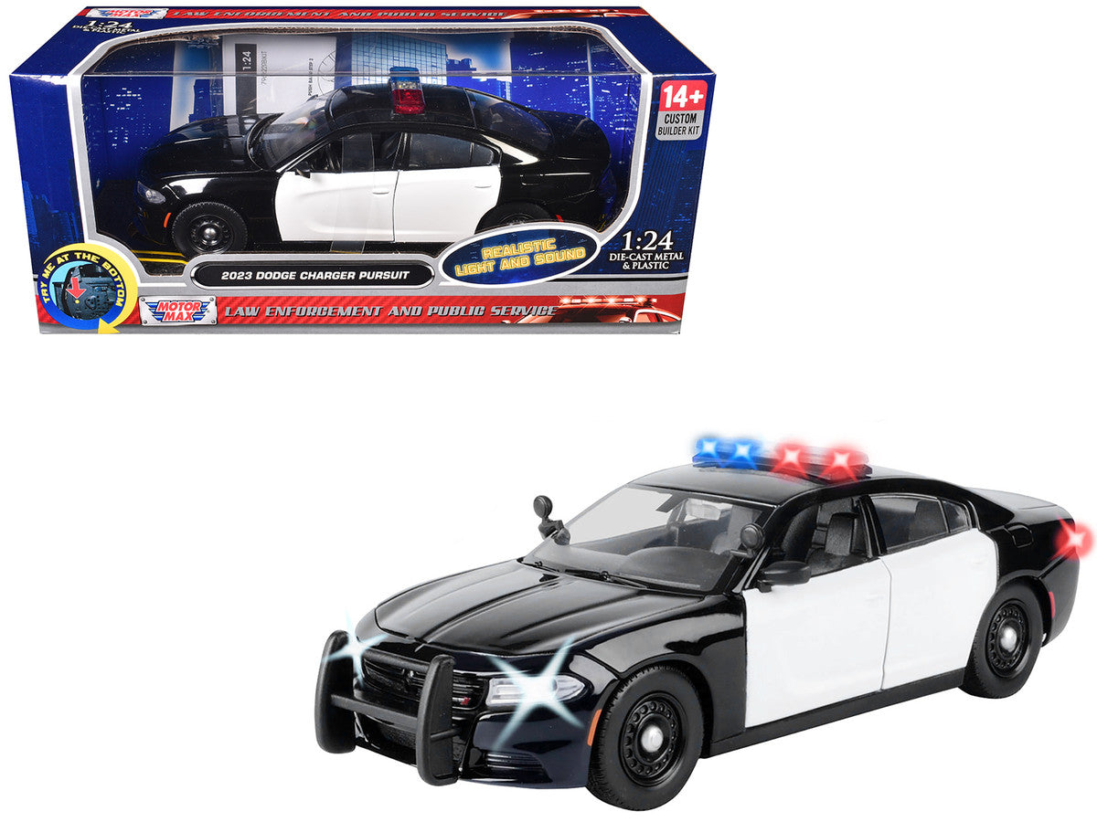 2023 Dodge Charger Pursuit Police Car Black and White with Flashing Light Bar Front and Rear Lights and 2 Sounds "Builder's Kit" 1/24 Diecast Model Car by Motormax LuxuryLifeWay Online Store