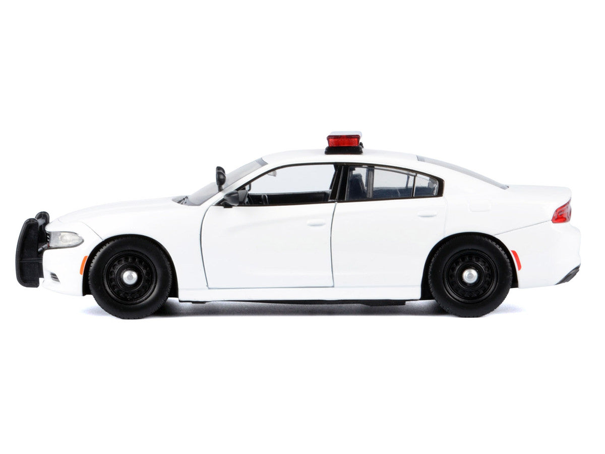 2023 Dodge Charger Pursuit Police Car Unmarked White with Flashing Light Bar Front and Rear Lights and 2 Sounds "Builder's Kit" 1/24 Diecast Model Car by Motormax LuxuryLifeWay Online Store