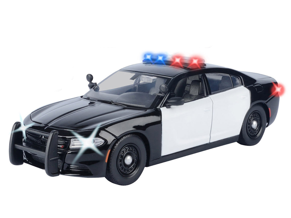 2023 Dodge Charger Pursuit Police Car Black and White with Flashing Light Bar Front and Rear Lights and 2 Sounds "Builder's Kit" 1/24 Diecast Model Car by Motormax LuxuryLifeWay Online Store