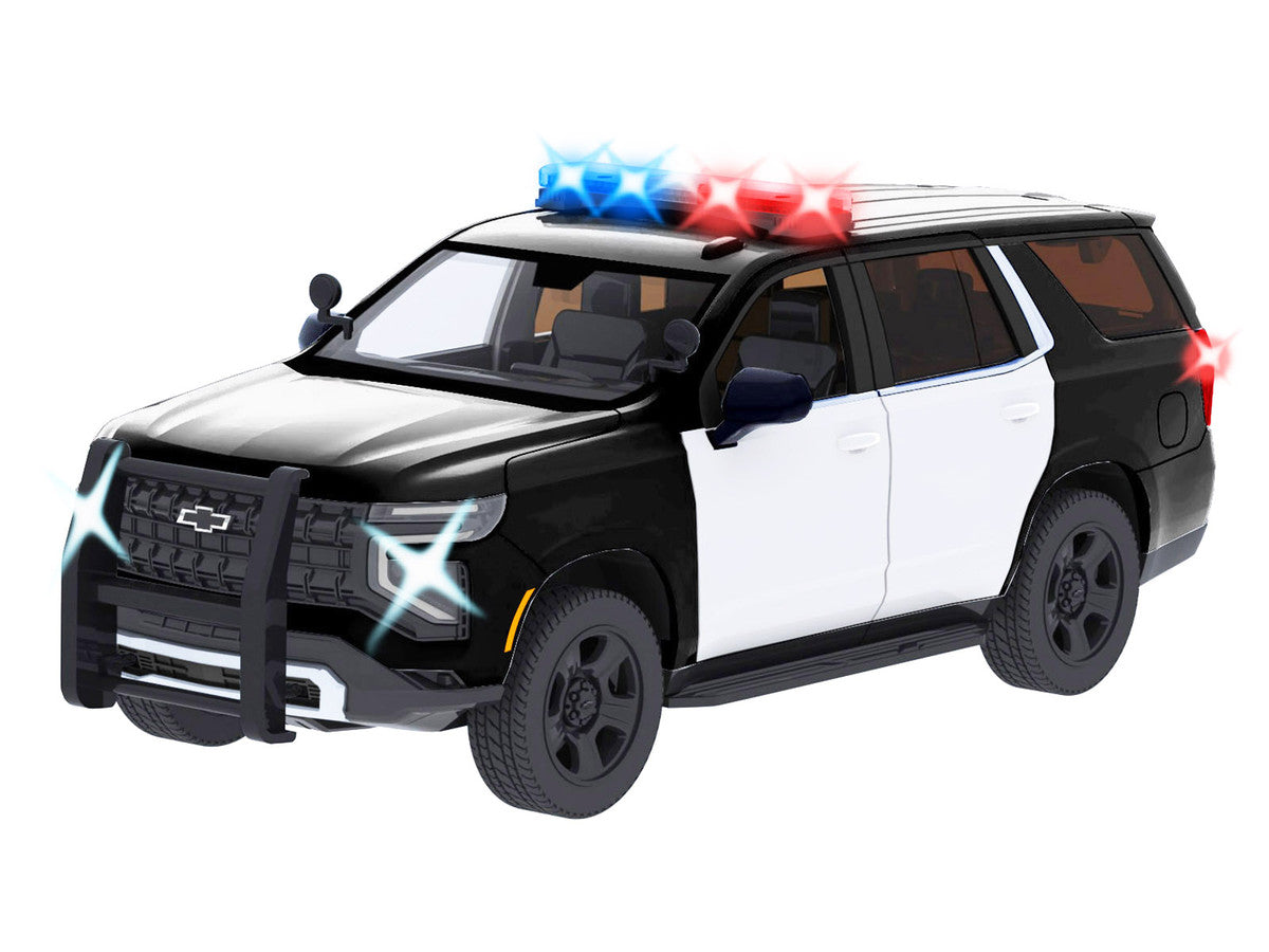 2025 Chevrolet Tahoe PPV Black and White "Builder's Kit" with Flashing Light Bar and Front and Rear Lights and Sounds 1/24 Diecast Model Car by Motormax LuxuryLifeWay Online Store
