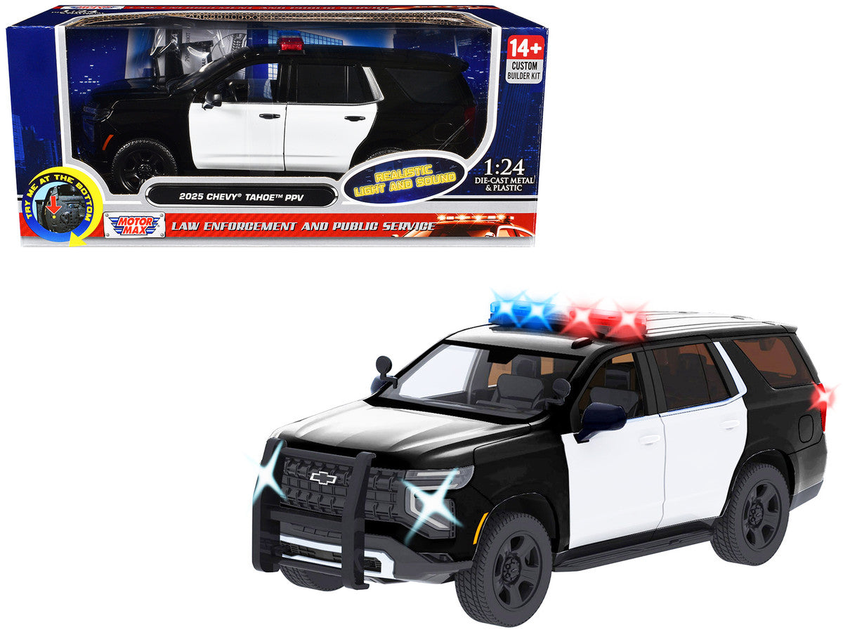 2025 Chevrolet Tahoe PPV Black and White "Builder's Kit" with Flashing Light Bar and Front and Rear Lights and Sounds 1/24 Diecast Model Car by Motormax LuxuryLifeWay Online Store