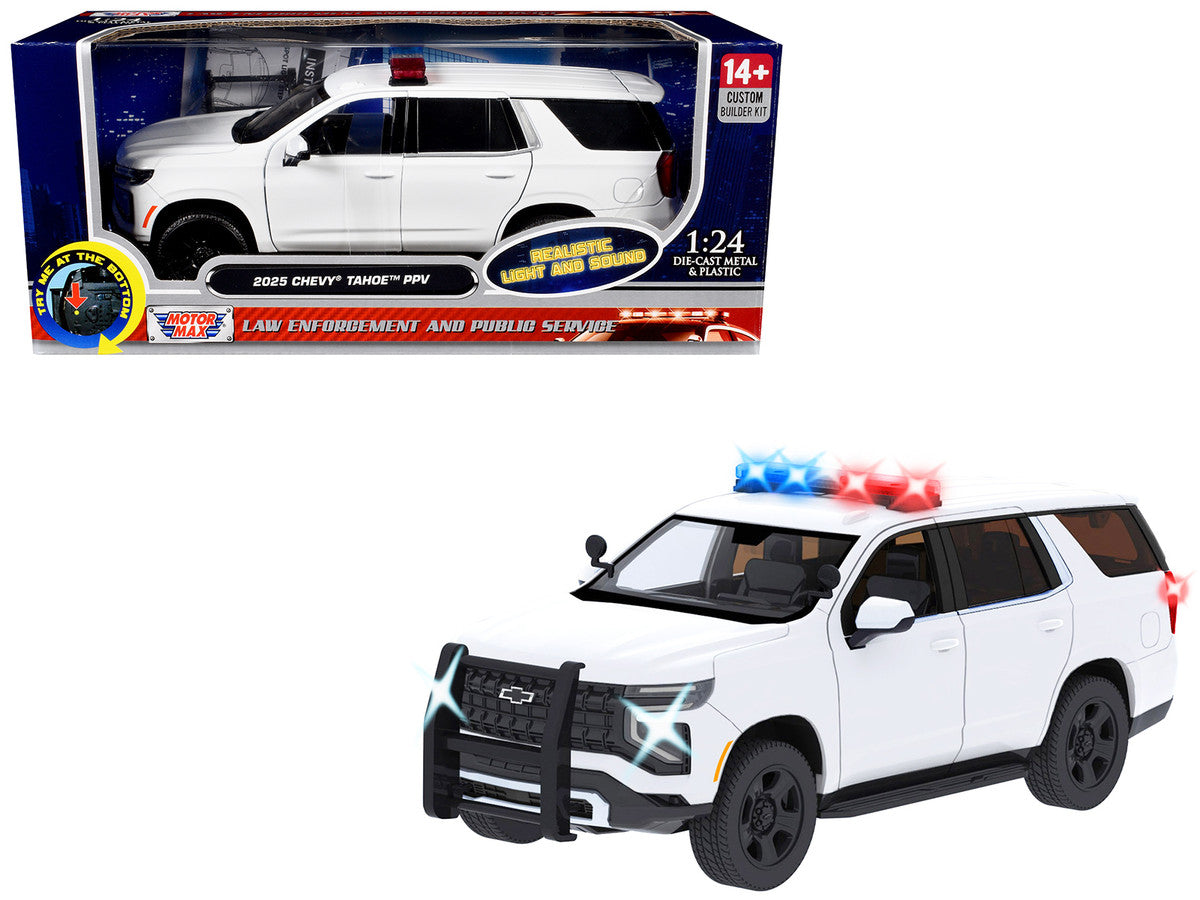 2025 Chevrolet Tahoe PPV White "Builder's Kit" with Flashing Light Bar and Front and Rear Lights and Sounds 1/24 Diecast Model Car by Motormax LuxuryLifeWay Online Store