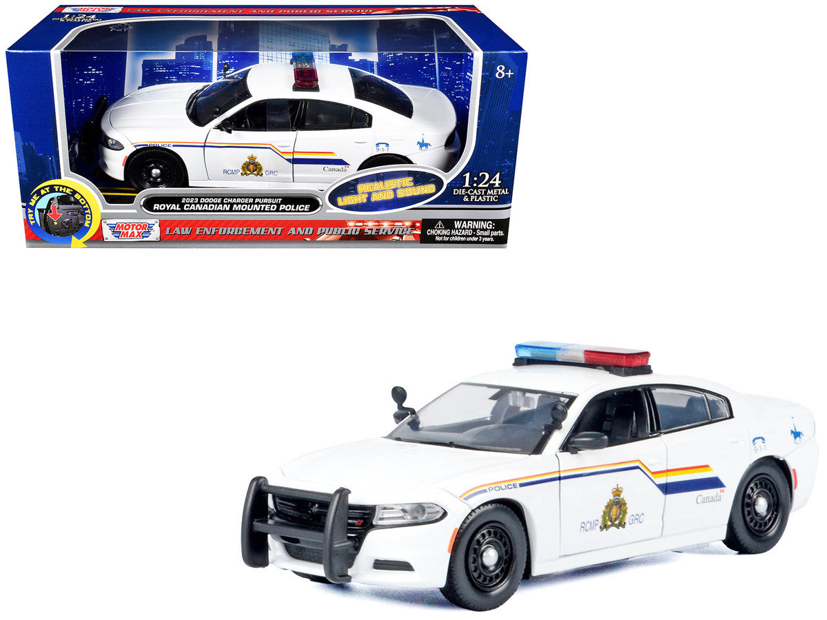 2023 Dodge Charger Pursuit Police Car "Royal Canadian Mounted Police (RCMP)" White with Flashing Light Bar and Front and Rear Lights and Sound 1/24 Diecast Model Car by Motormax LuxuryLifeWay Online Store