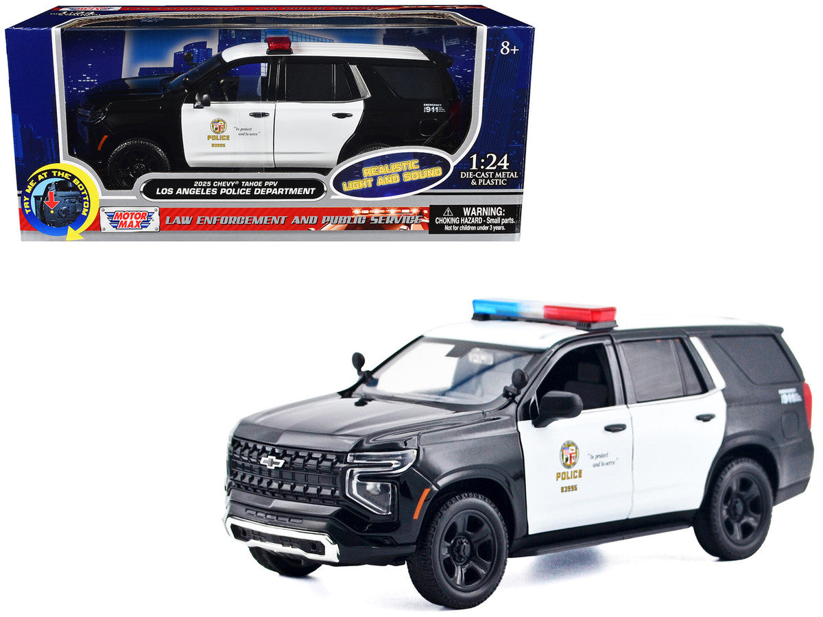 2025 Chevrolet Tahoe PPV "LAPD (Los Angeles Police Department)" Black and White with Flashing Light Bar and Front and Rear Lights and Sounds 1/24 Diecast Model Car by Motormax LuxuryLifeWay Online Store