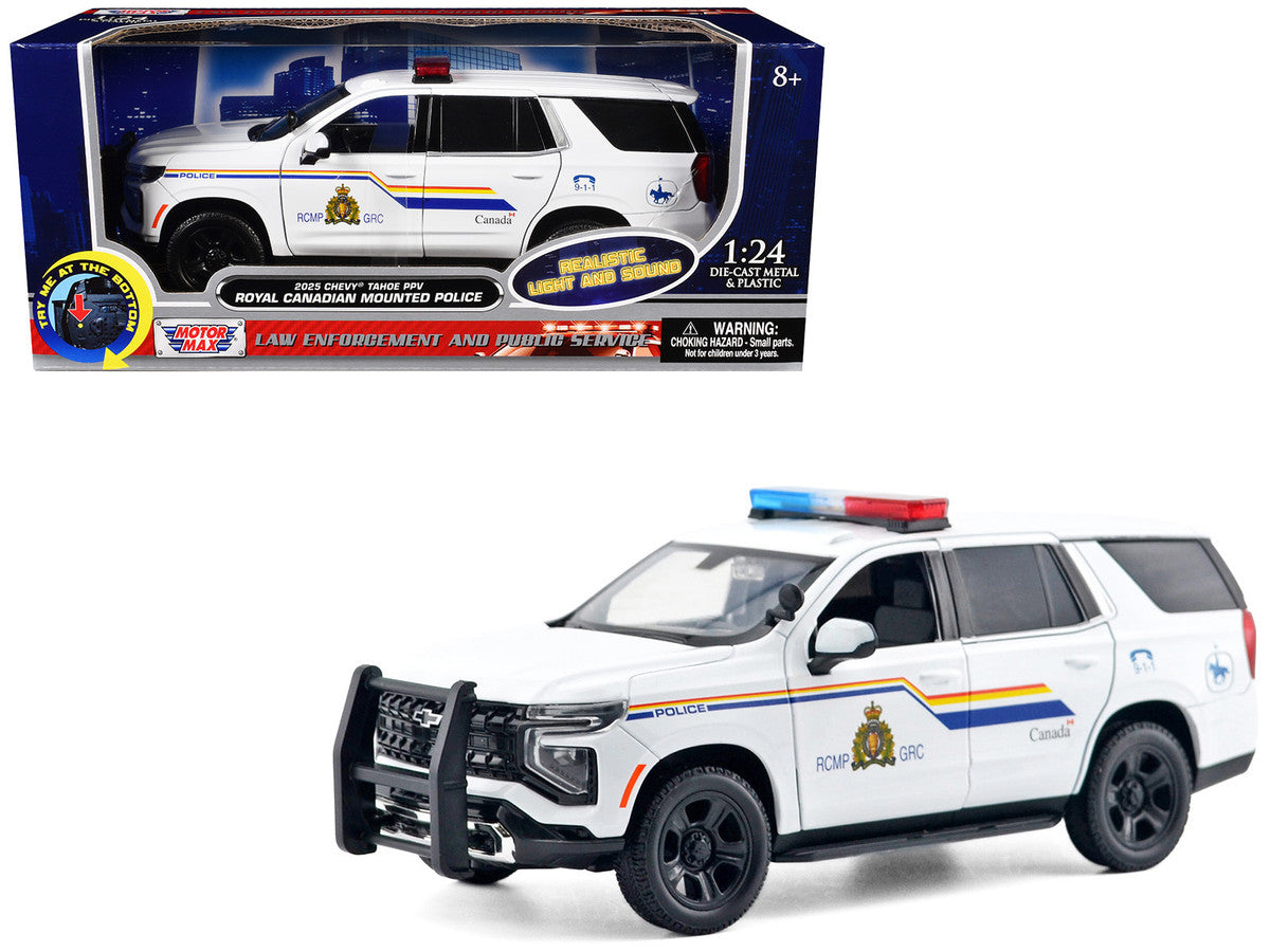 2025 Chevrolet Tahoe PPV "RCMP (Royal Canadian Mounted Police)" White with Stripes with Flashing Light Bar and Front and Rear Lights and Sounds 1/24 Diecast Model Car by Motormax LuxuryLifeWay Online Store