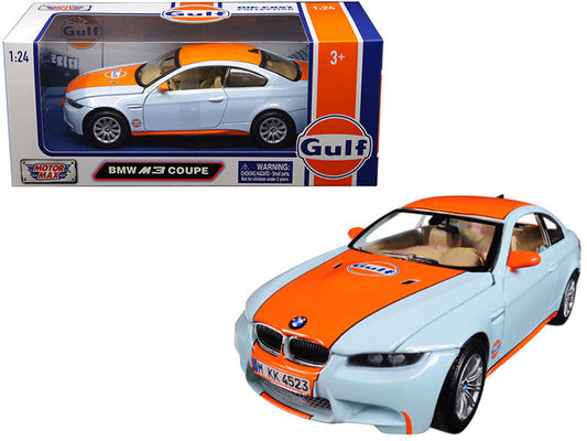 BMW M3 Coupe with "Gulf Oil" Livery Light Blue with Orange Stripe 1/24 Diecast Model Car by Motormax LuxuryLifeWay Online Store