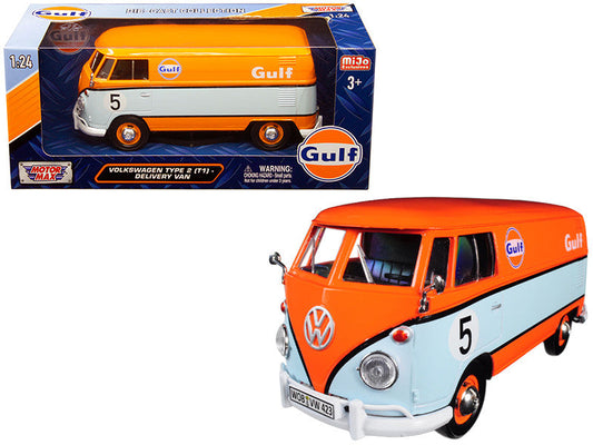 Volkswagen Type 2 (T1) Delivery Van #5 "Gulf" Orange and Light Blue 1/24 Diecast Model Car by Motormax LuxuryLifeWay Online Store