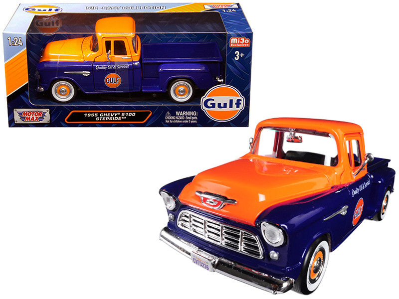 1955 Chevrolet 5100 Stepside Pickup Truck "Gulf" Dark Blue and Orange 1/24 Diecast Model Car by Motormax LuxuryLifeWay Online Store