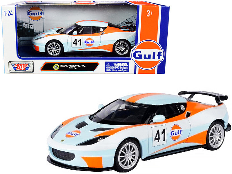 Lotus Evora GT4 #41 "Gulf Oil" Light Blue with White and Orange Stripes 1/24 Diecast Model Car by Motormax LuxuryLifeWay Online Store