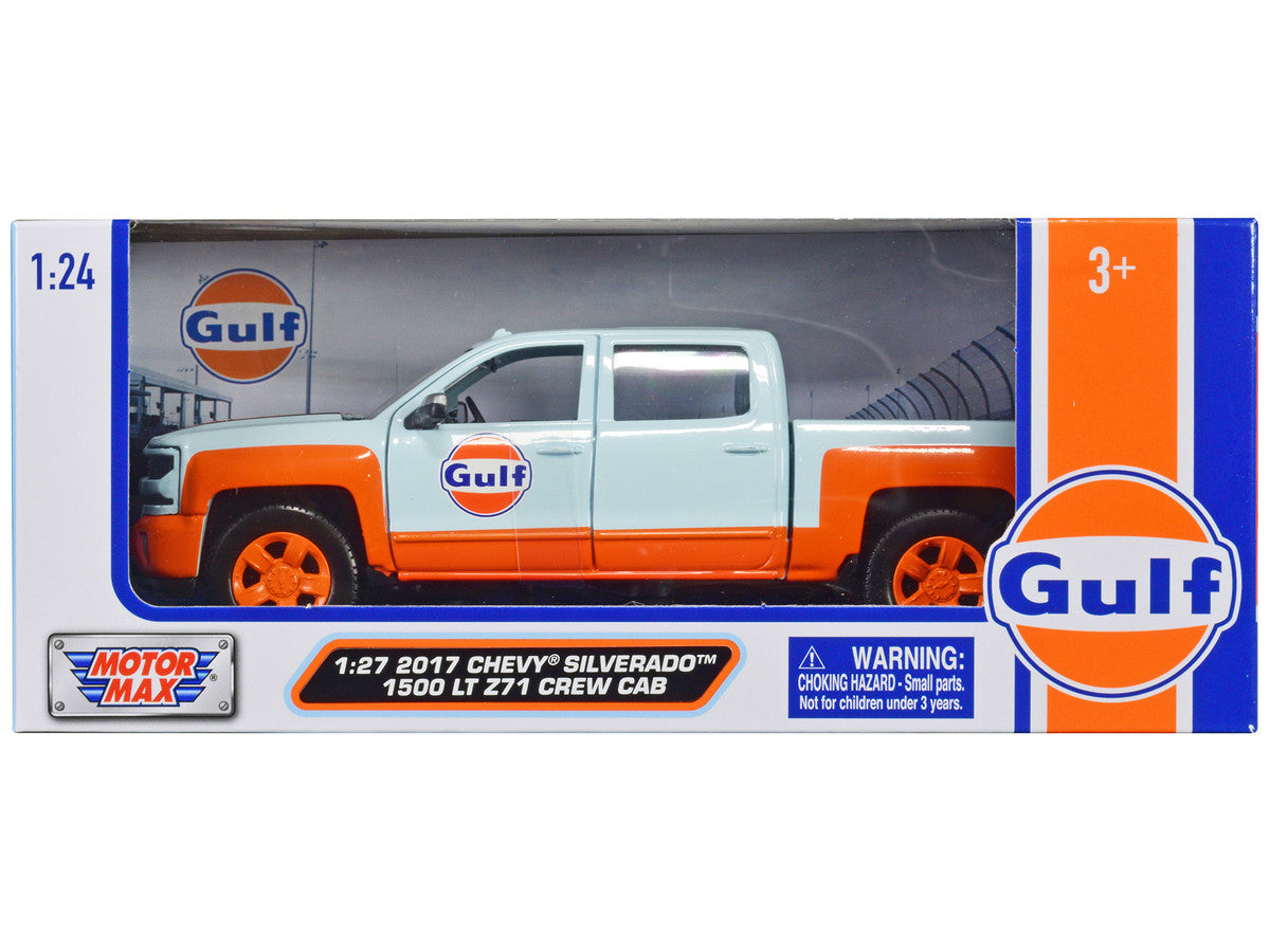 2017 Chevrolet Silverado 1500 LT Z71 Crew Cab Pickup Truck Light Blue with Orange Stripes "Gulf Oil" "Gulf Die-Cast Collection" 1/27 Diecast Model Car by Motormax LuxuryLifeWay Online Store