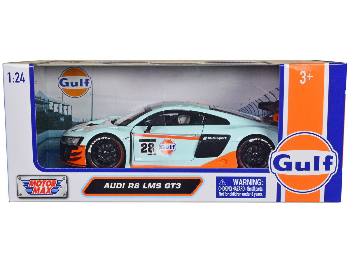 Audi R8 LMS GT3 #28 Light Blue with Orange Stripes "Gulf Oil" "Gulf Die-Cast Collection" 1/24 Diecast Model Car by Motormax LuxuryLifeWay Online Store
