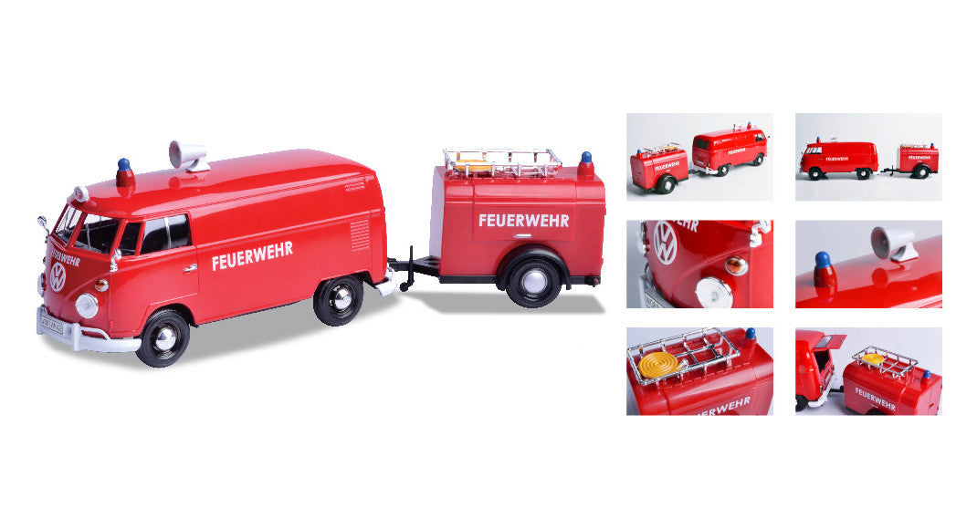 Volkswagen Type 2 (T1) Fire Van with Fire Fighting Trailer "Feuerwehr" Red 1/24 Diecast Model Car by Motormax LuxuryLifeWay Online Store