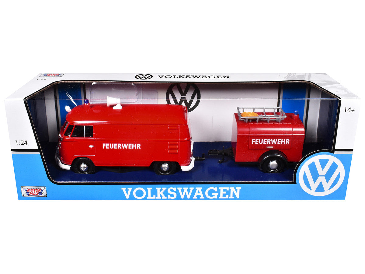 Volkswagen Type 2 (T1) Fire Van with Fire Fighting Trailer "Feuerwehr" Red 1/24 Diecast Model Car by Motormax LuxuryLifeWay Online Store