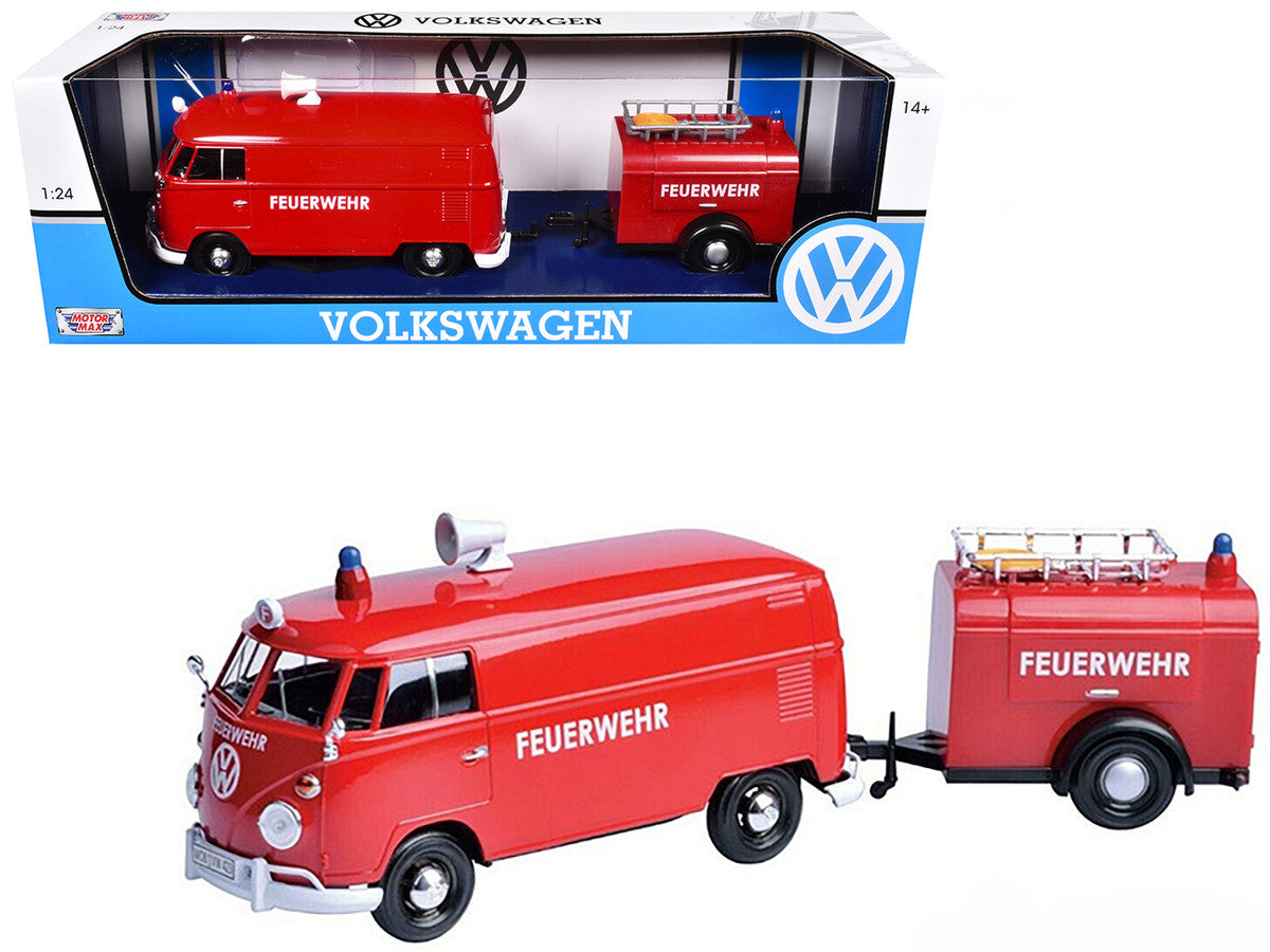 Volkswagen Type 2 (T1) Fire Van with Fire Fighting Trailer "Feuerwehr" Red 1/24 Diecast Model Car by Motormax LuxuryLifeWay Online Store