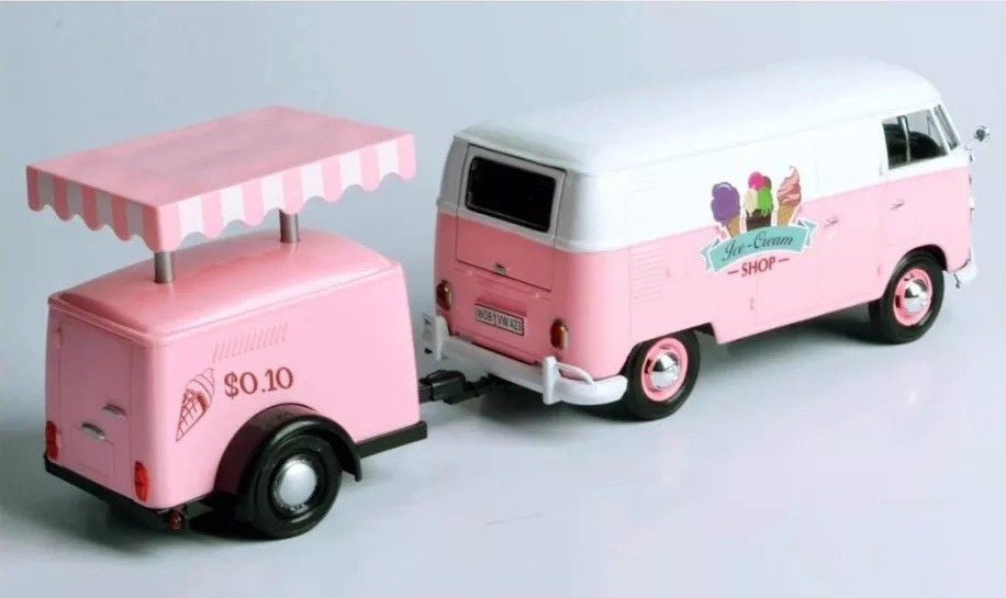 Volkswagen T1 Delivery Van with Ice-Cream Trailer Pink and White "Ice-Cream Shop" 1/24 Diecast Model Car by Motormax LuxuryLifeWay Online Store