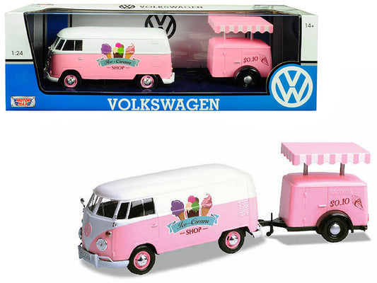 Volkswagen T1 Delivery Van with Ice-Cream Trailer Pink and White "Ice-Cream Shop" 1/24 Diecast Model Car by Motormax LuxuryLifeWay Online Store