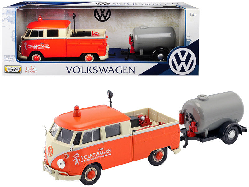 Volkswagen Type 2 (T1) Pickup Truck Orange and Cream with Oil Trailer "Road Service" 1/24 Diecast Model Car by Motormax LuxuryLifeWay Online Store
