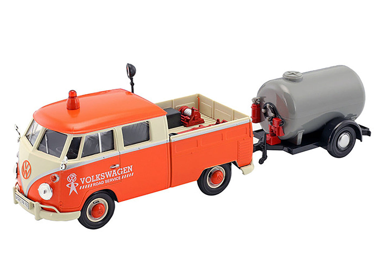 Volkswagen Type 2 (T1) Pickup Truck Orange and Cream with Oil Trailer "Road Service" 1/24 Diecast Model Car by Motormax LuxuryLifeWay Online Store