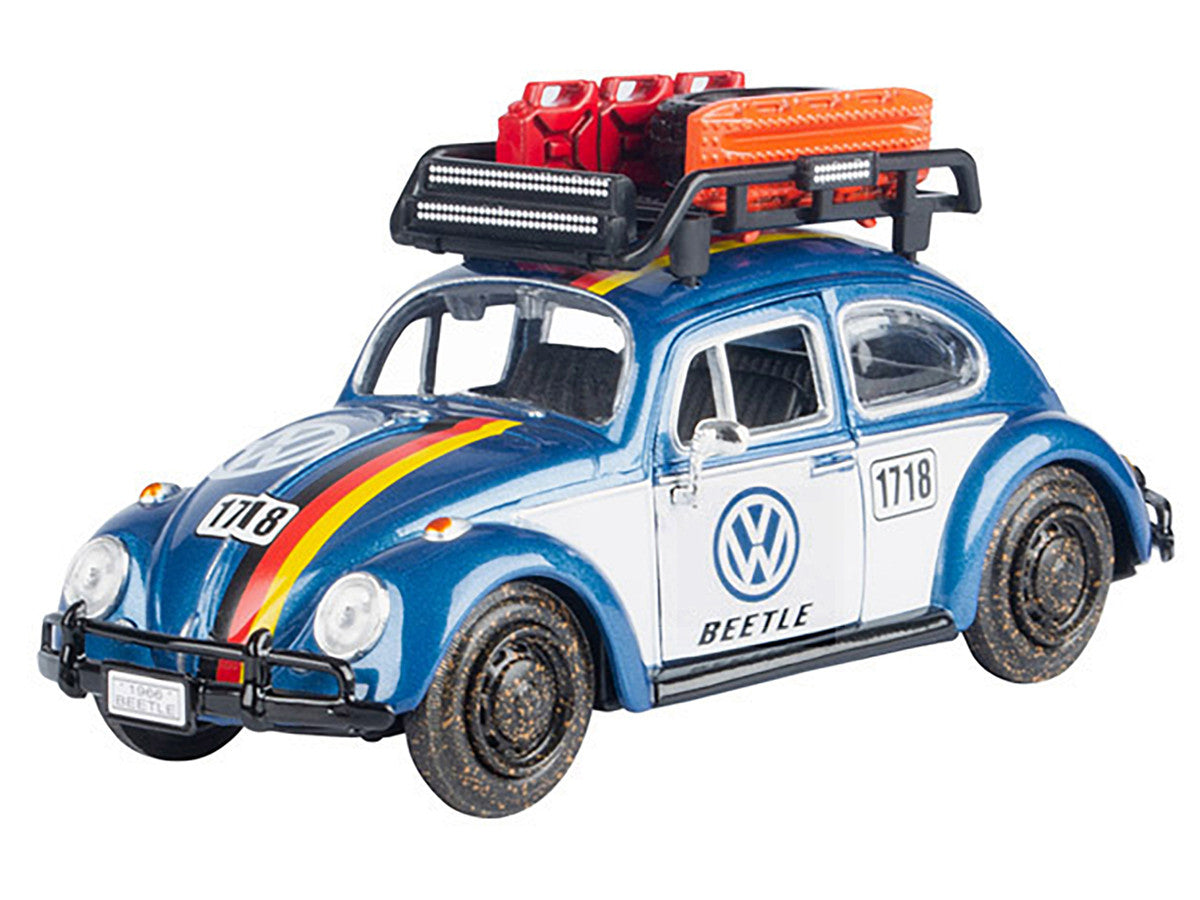 1966 Volkswagen Beetle Off Road #1718 Blue Metallic and White with German Flag Stripes and Roof Rack Accessories 1/24 Diecast Model Car by Motormax LuxuryLifeWay Online Store