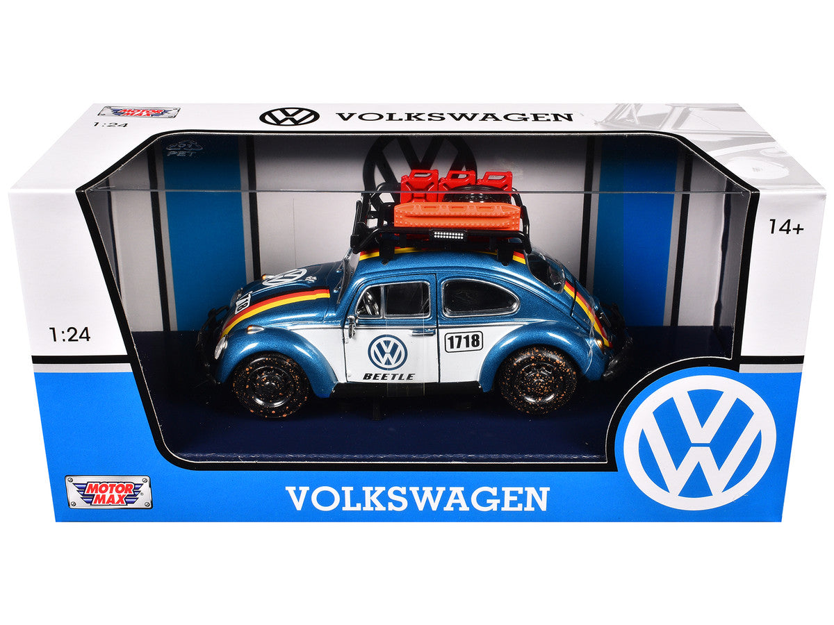 1966 Volkswagen Beetle Off Road #1718 Blue Metallic and White with German Flag Stripes and Roof Rack Accessories 1/24 Diecast Model Car by Motormax LuxuryLifeWay Online Store