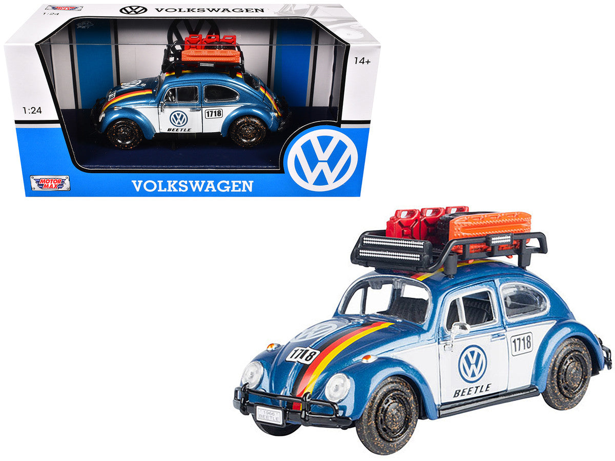 1966 Volkswagen Beetle Off Road #1718 Blue Metallic and White with German Flag Stripes and Roof Rack Accessories 1/24 Diecast Model Car by Motormax LuxuryLifeWay Online Store