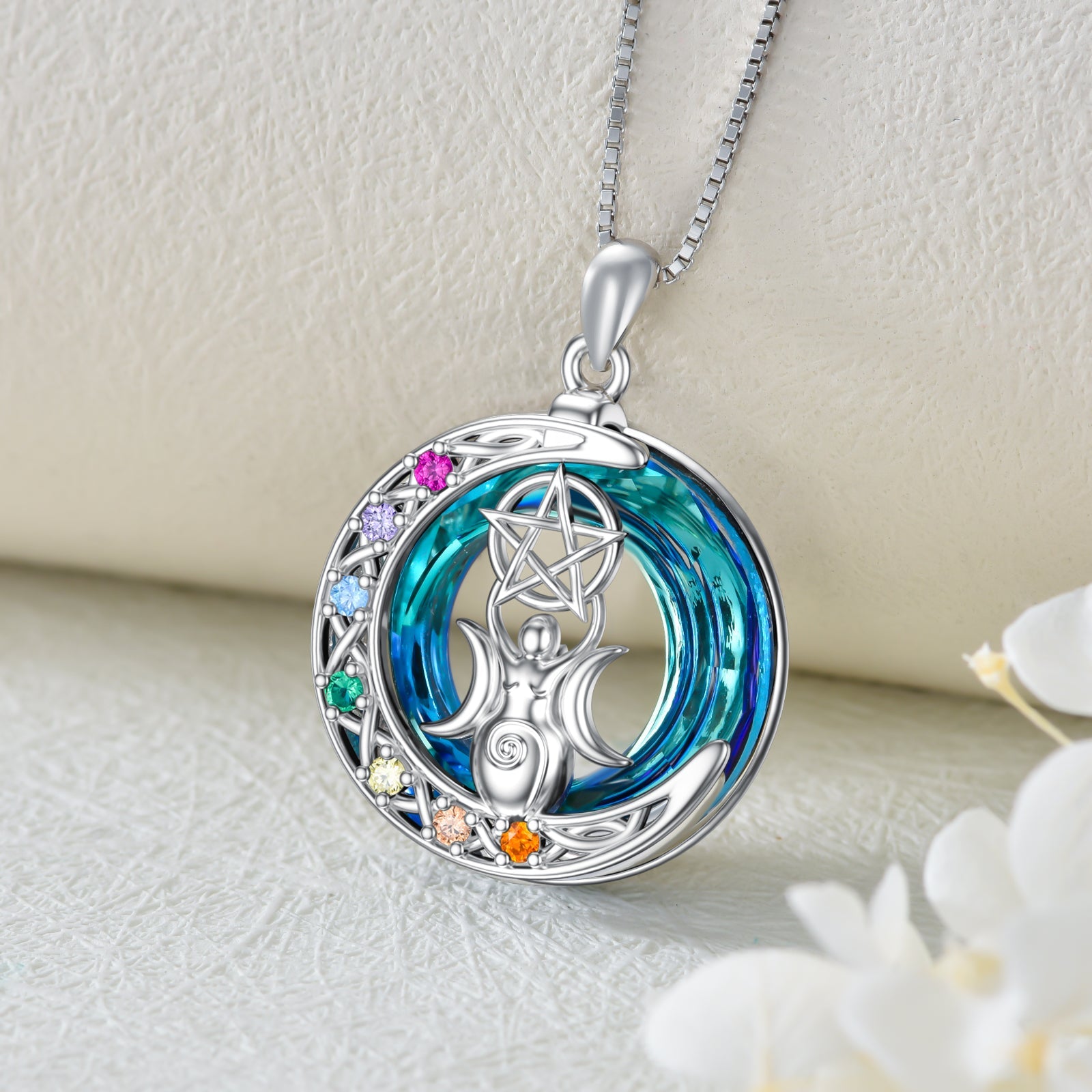 Chakra Triple Moon Goddess Crystal Necklace In White Gold Plated Sterling Silver LadyShow.Store