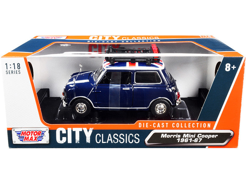 1961-1967 Morris Mini Cooper RHD (Right Hand Drive) Dark Blue with British Flag on the Top and Roof Rack "City Classics" Series 1/18 Diecast Model Car by Motormax LuxuryLifeWay Online Store