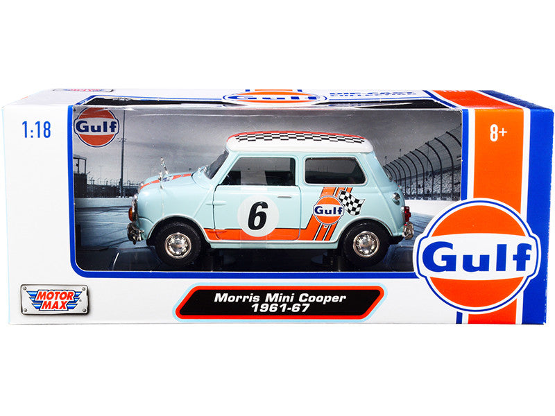 1961-1967 Morris Mini Cooper RHD (Right Hand Drive) #6 "Gulf Oil" Light Blue with Orange Stripes and Checkered Top "City Classics" Series 1/18 Diecast Model Car by Motormax LuxuryLifeWay Online Store