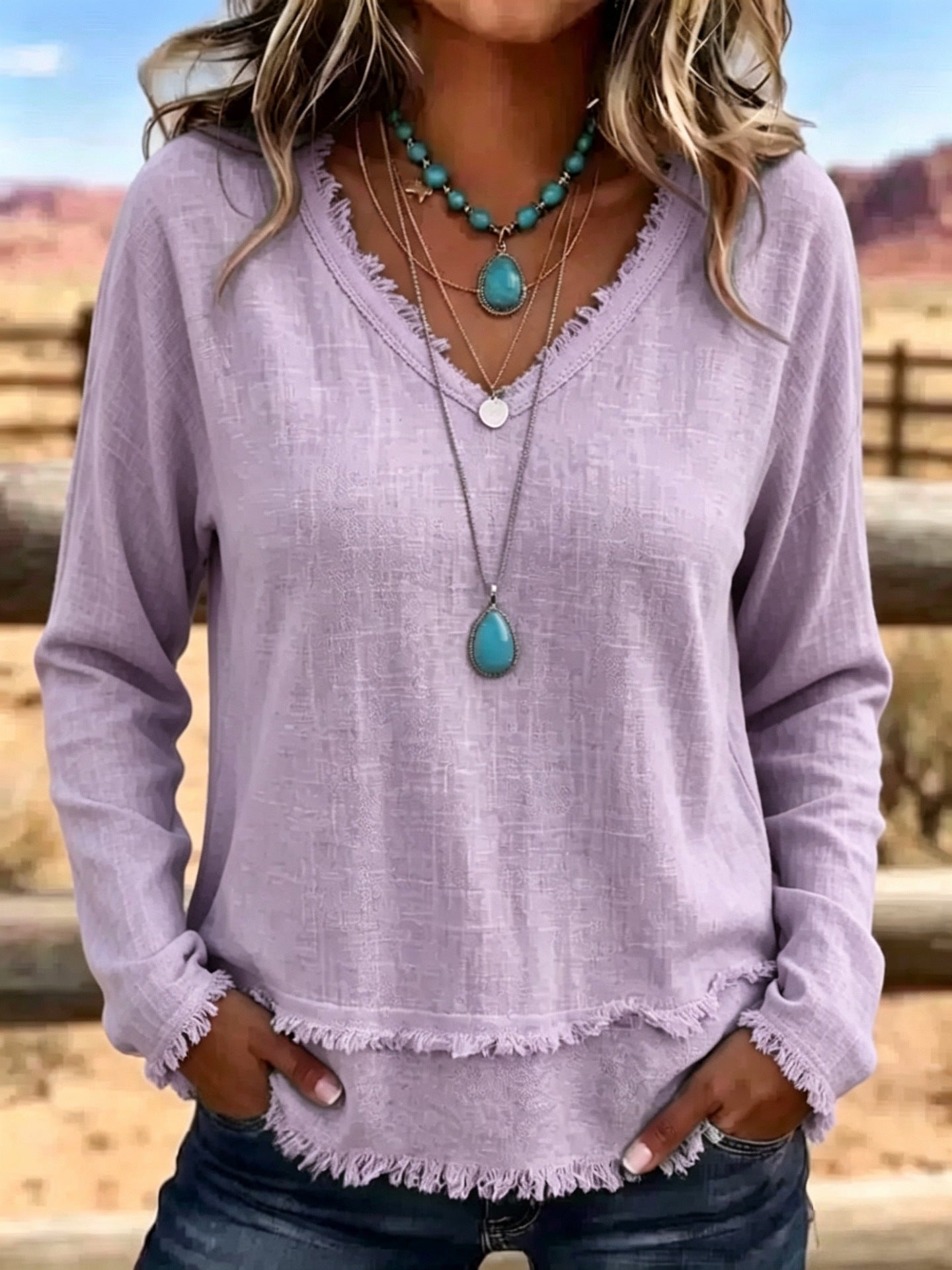 V-Neck Long Sleeve T-Shirt With Tassel Women's Loose Fit Casual Top For Daily Wear Clothing NorixaFashion.com