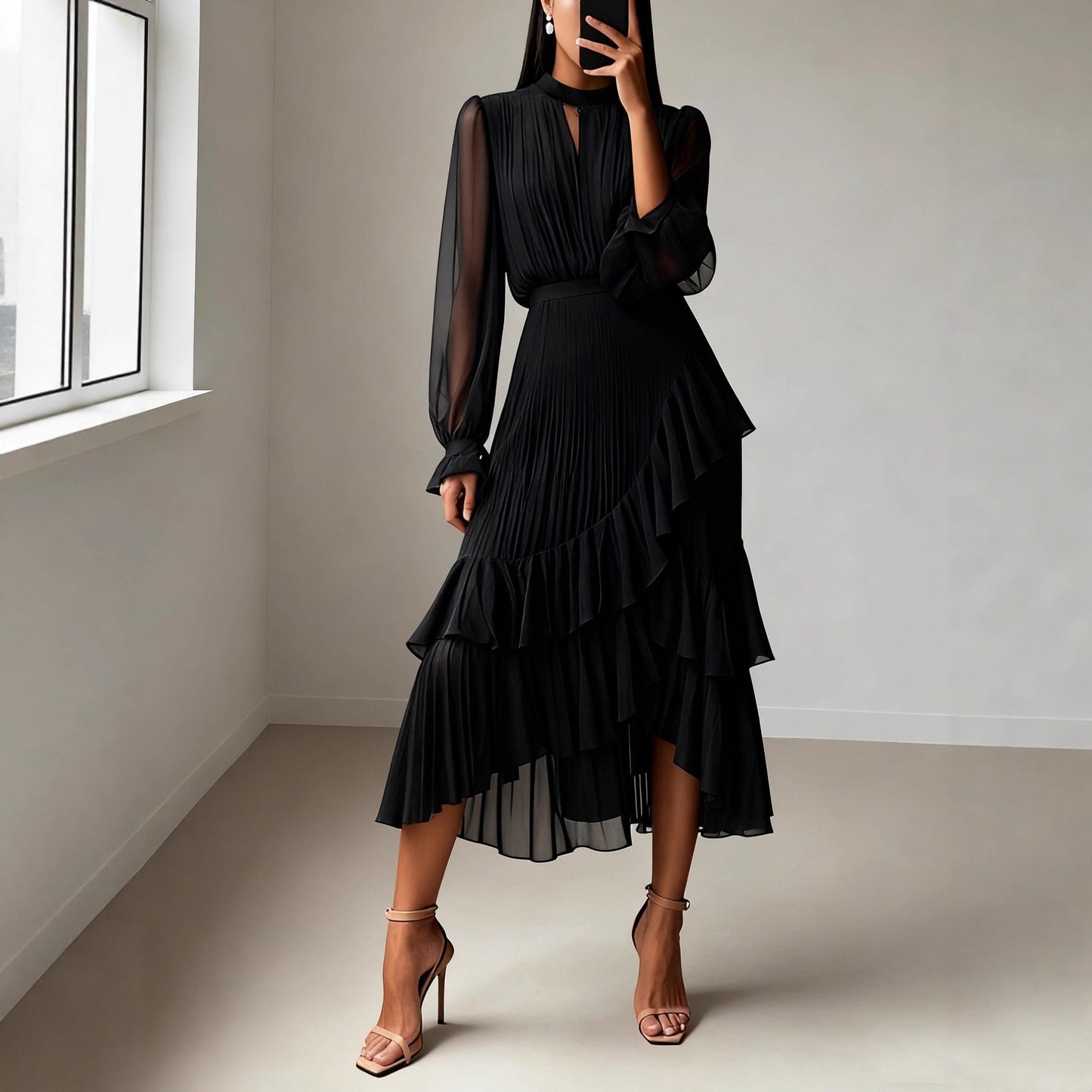 Ruffled Pleated Midi Dress For Women NorixaFashion.com