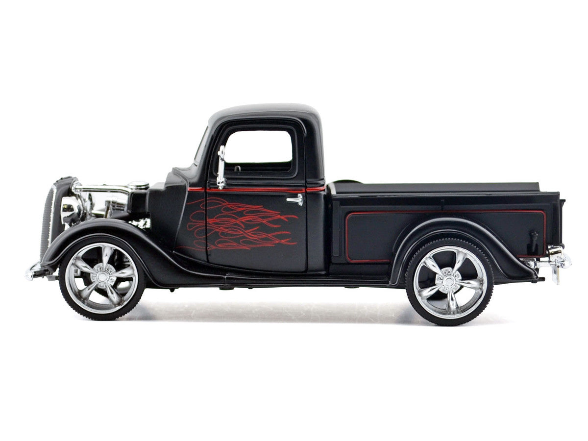 1937 Ford Pickup Truck Matt Black with Red Flame Graphics "Kult Klassics" Series 1/24 Diecast Model Car by Motormax LuxuryLifeWay Online Store
