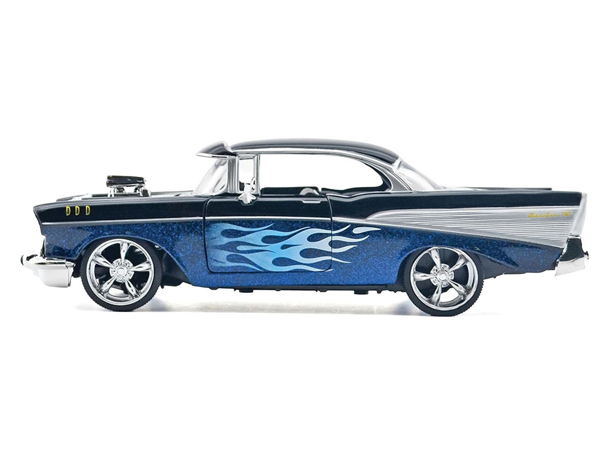 1957 Chevrolet Bel Air Black with Blue Flame Graphics "Kult Klassics" Series 1/24 Diecast Model Car by Motormax LuxuryLifeWay Online Store