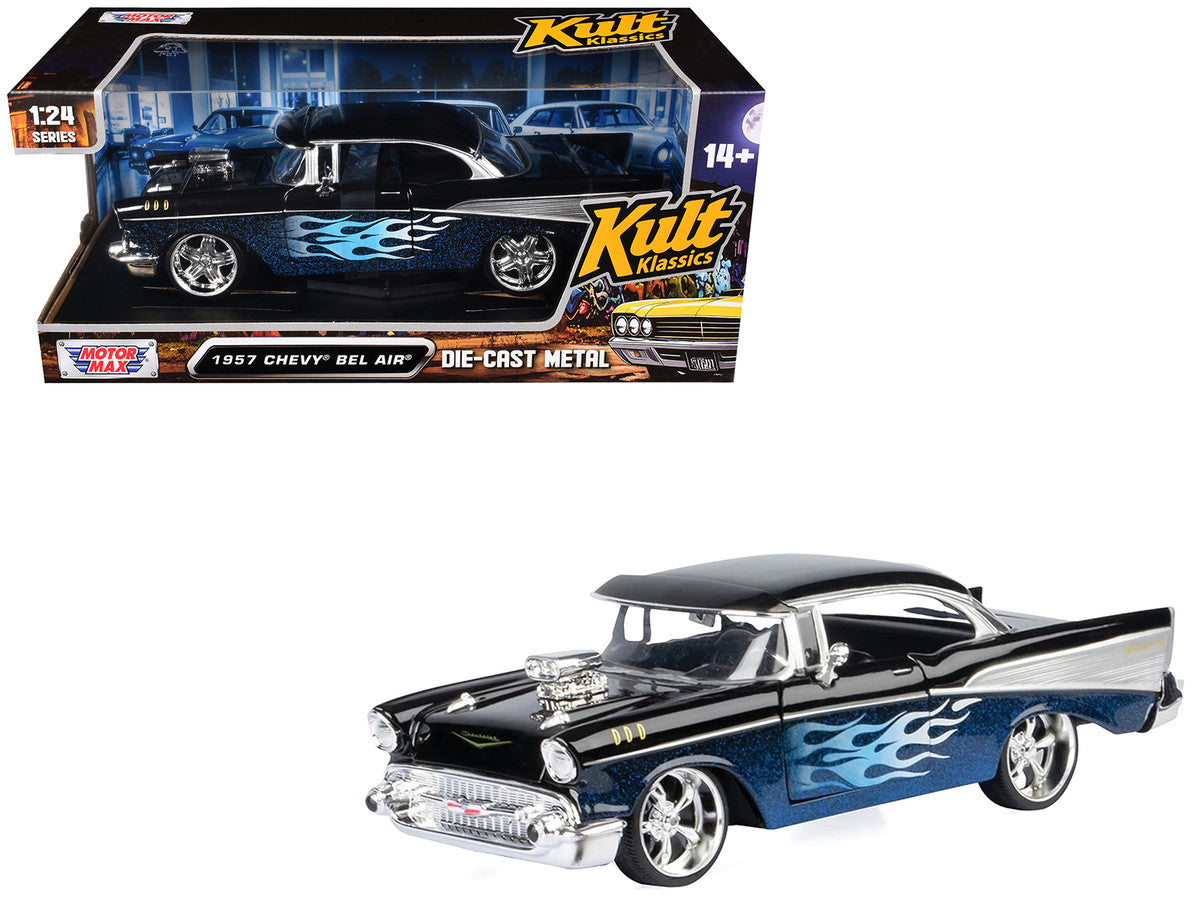 1957 Chevrolet Bel Air Black with Blue Flame Graphics "Kult Klassics" Series 1/24 Diecast Model Car by Motormax LuxuryLifeWay Online Store