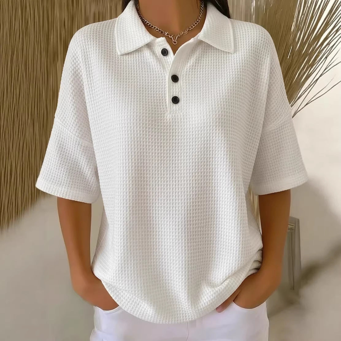 Women's Casual Loose Comfortable Lapel-Neck T-Shirt With Buttons NorixaFashion.com