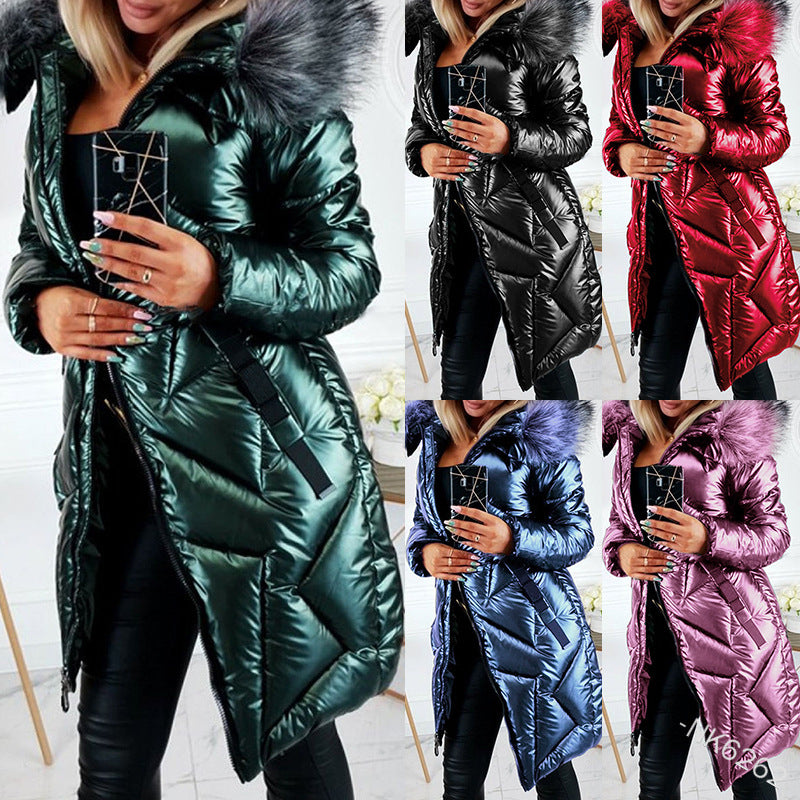 Women's Mid-length Solid Color Cotton Hooded Jacket Pi-Mart