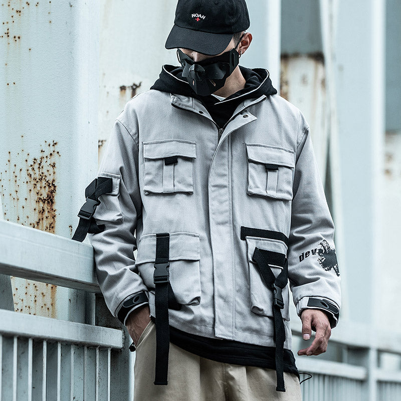Graffiti Print Multi-Pocket Work Jacket with Ribbon Collar Pi-Mart
