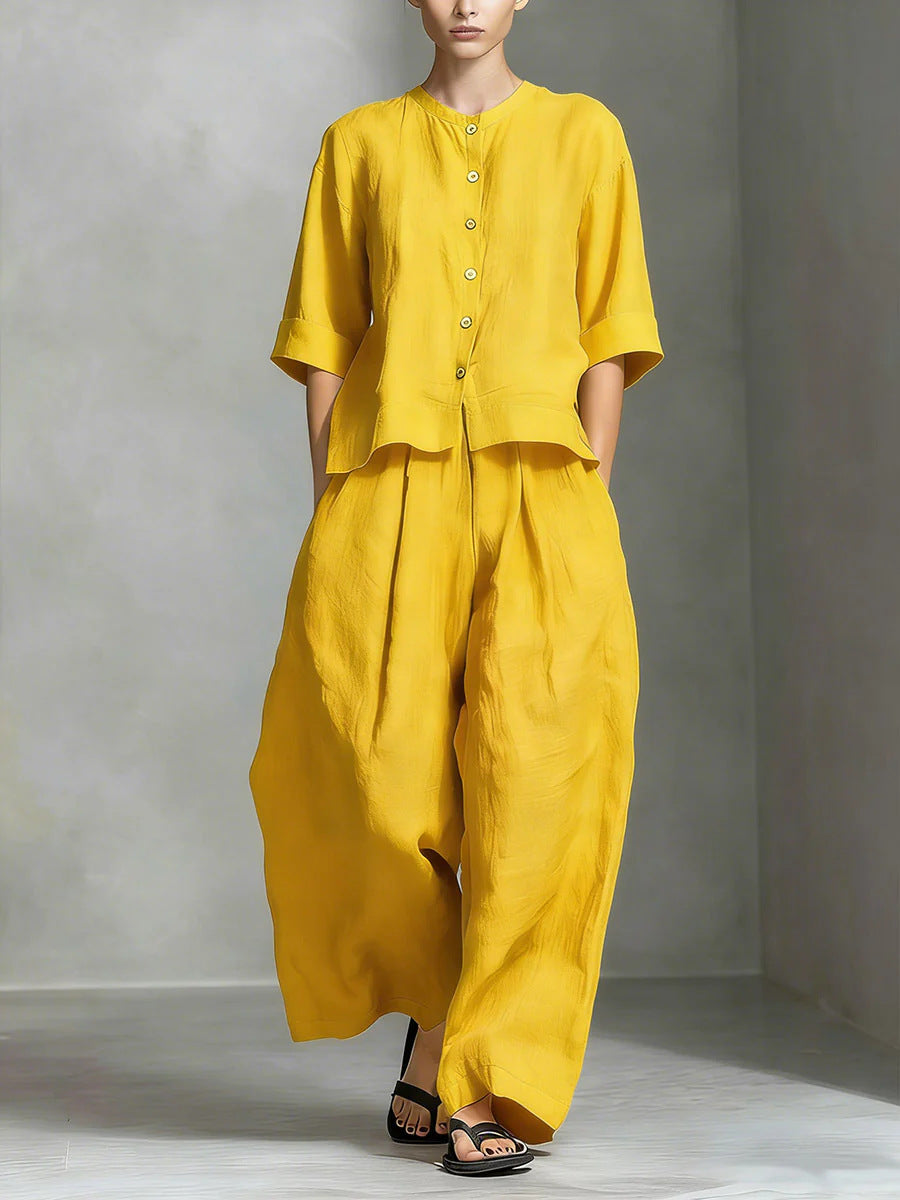 Solid-color Cotton-linen Shirt And Loose-fitting Trousers Two-piece Set NorixaFashion.com