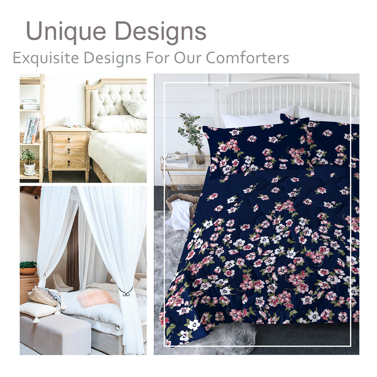 3pc Dark Blue Floral Bedding Comforter Set Including 1 Comforter Set And 2 Pillowcases Suitable For All Seasons PearlNestDecor.com