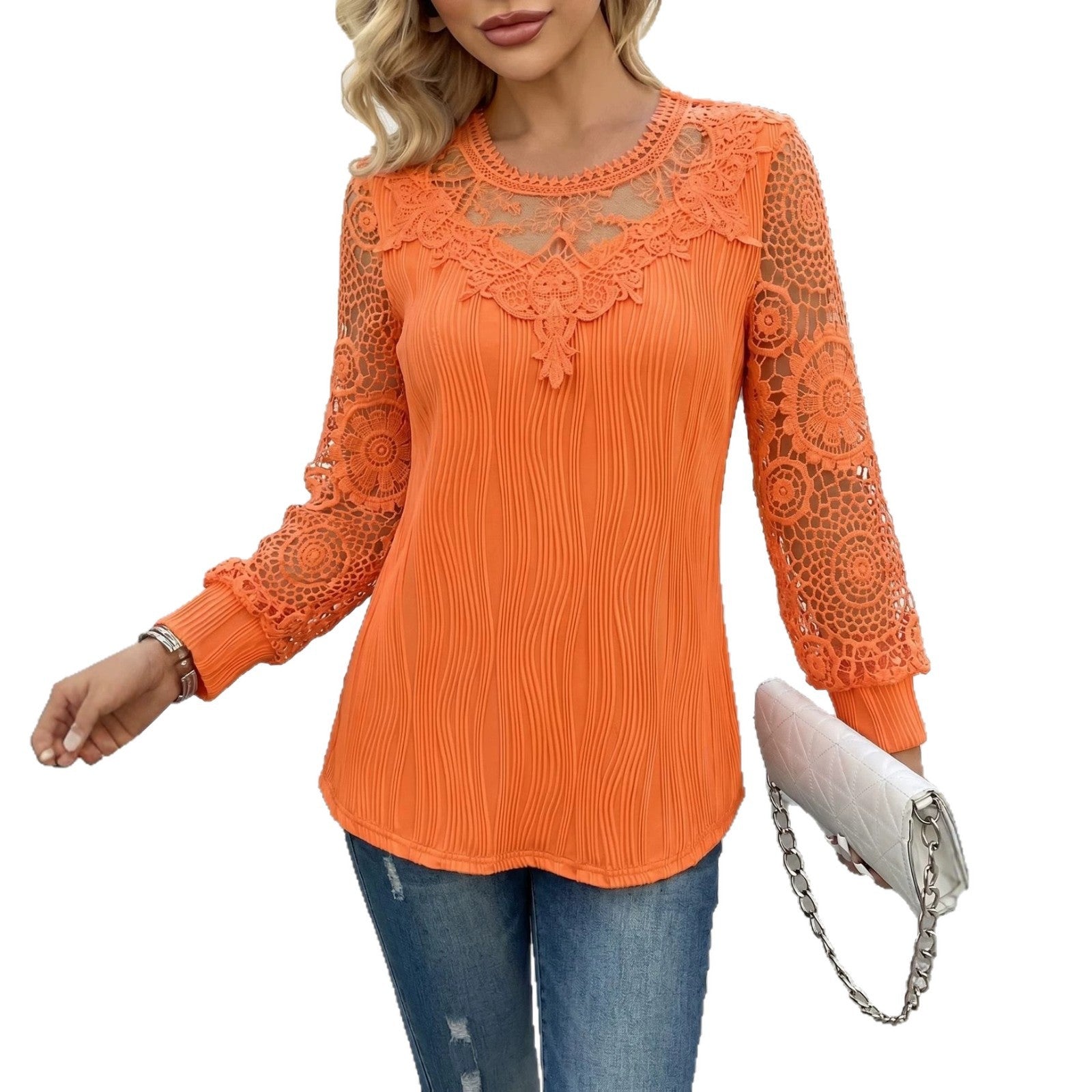 Lace-trimmed Wave-patterned Panel-seam Womens Long-sleeve Blouse NorixaFashion.com
