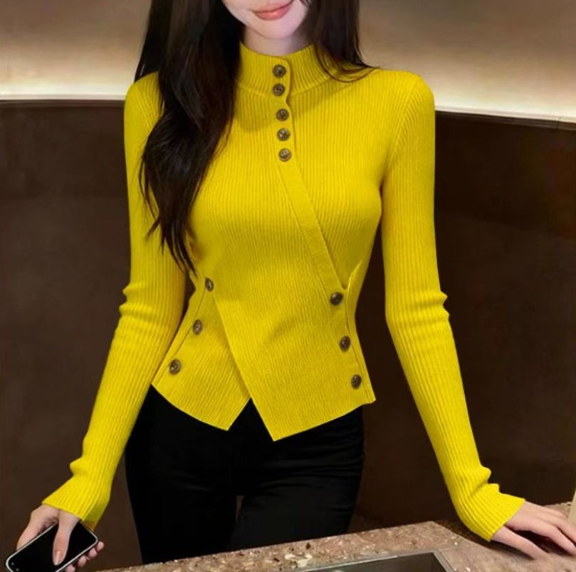 Autumn And Winter Retro Apricot Semi-high Neck Knitted Sweater Women's Fitted Base Shirt Long Sleeve Top LadyShow.Store