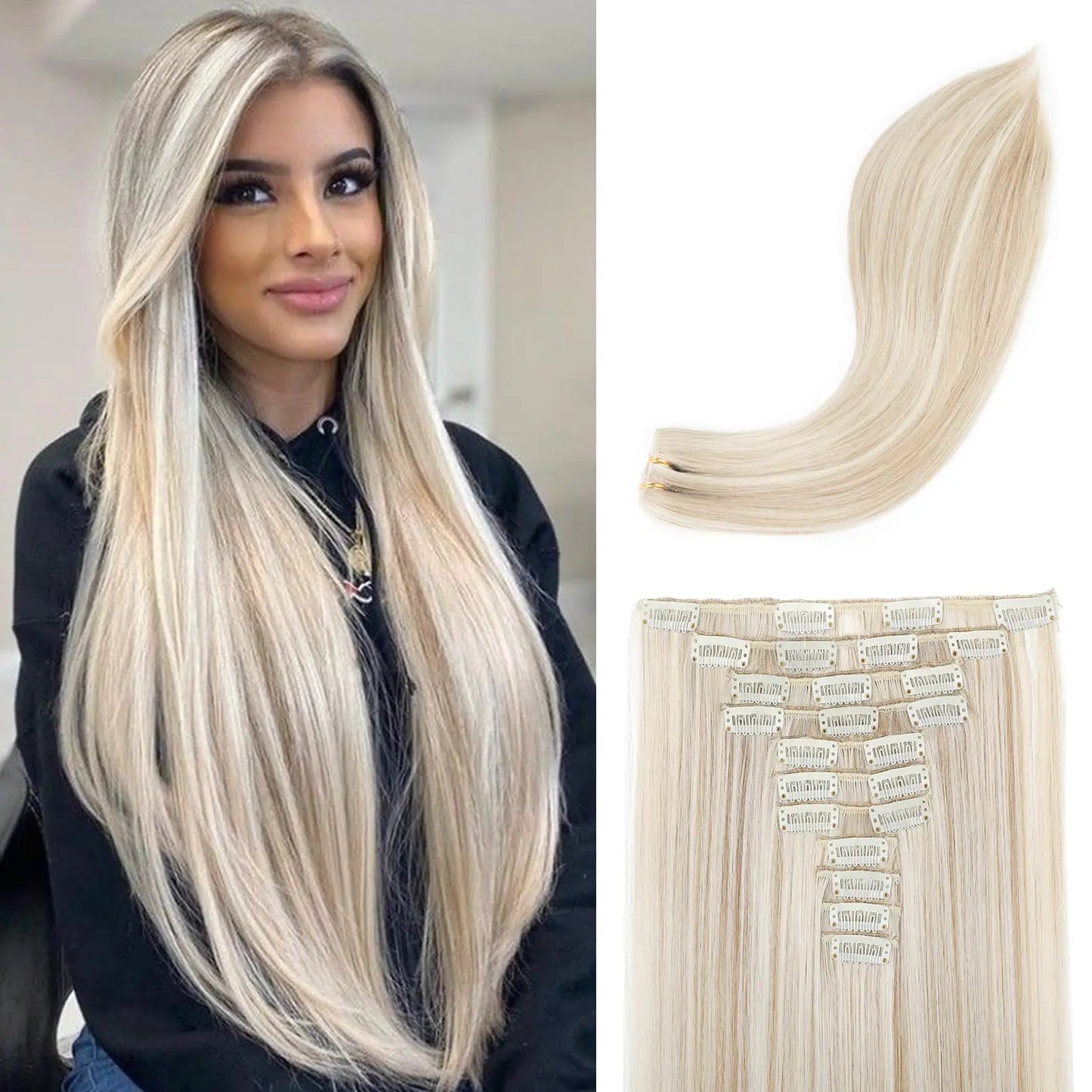 REECHO Hair Extensions 11PCS Clip in Hair Extensions 24" Long Straight hair extensions HE005 Natural Soft Synthetic Hairpieces for Women – Ash Blonde with Highlights