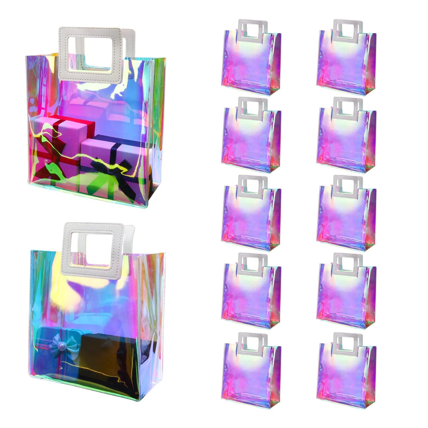Zwish 10pcs Iridescent Reusable Gift Bags Holographic Bags for Women 8.5x8.1x4.1Inch Clear Gift Bags with Handles Gift Bags Christmas Gift Bags for Birthday Wedding Easter Holiday Party